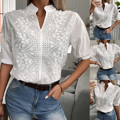 Diana - Damen-Spitzenbluse mit hohem Ausschnitt und V-Ausschnitt