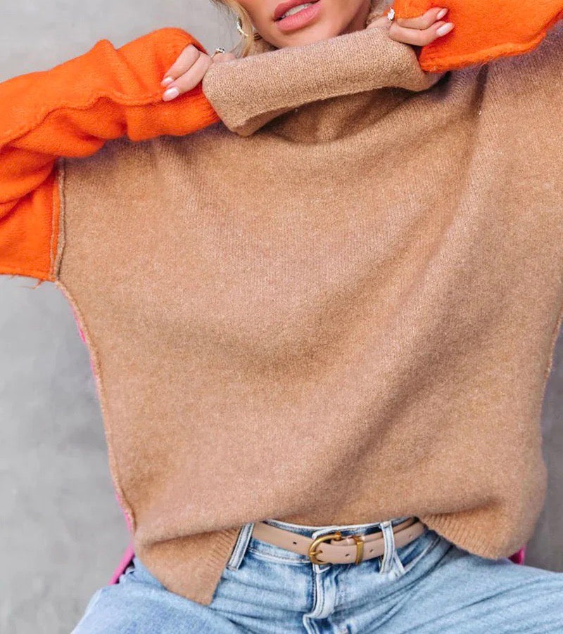 Rollkragenpullover im Farbblock-Design für Damen