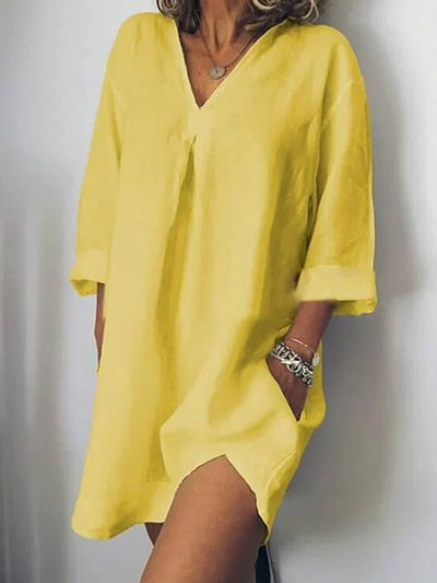 Legeres leinenkleid - v-ausschnitt & halbarm
