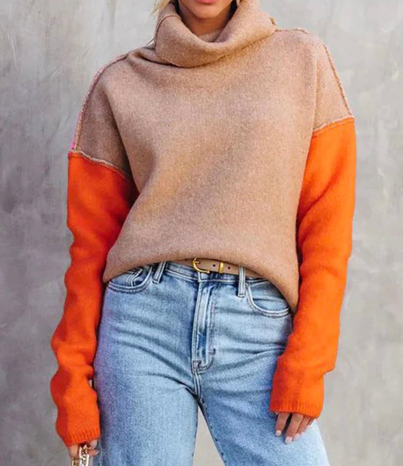Rollkragenpullover im Farbblock-Design für Damen