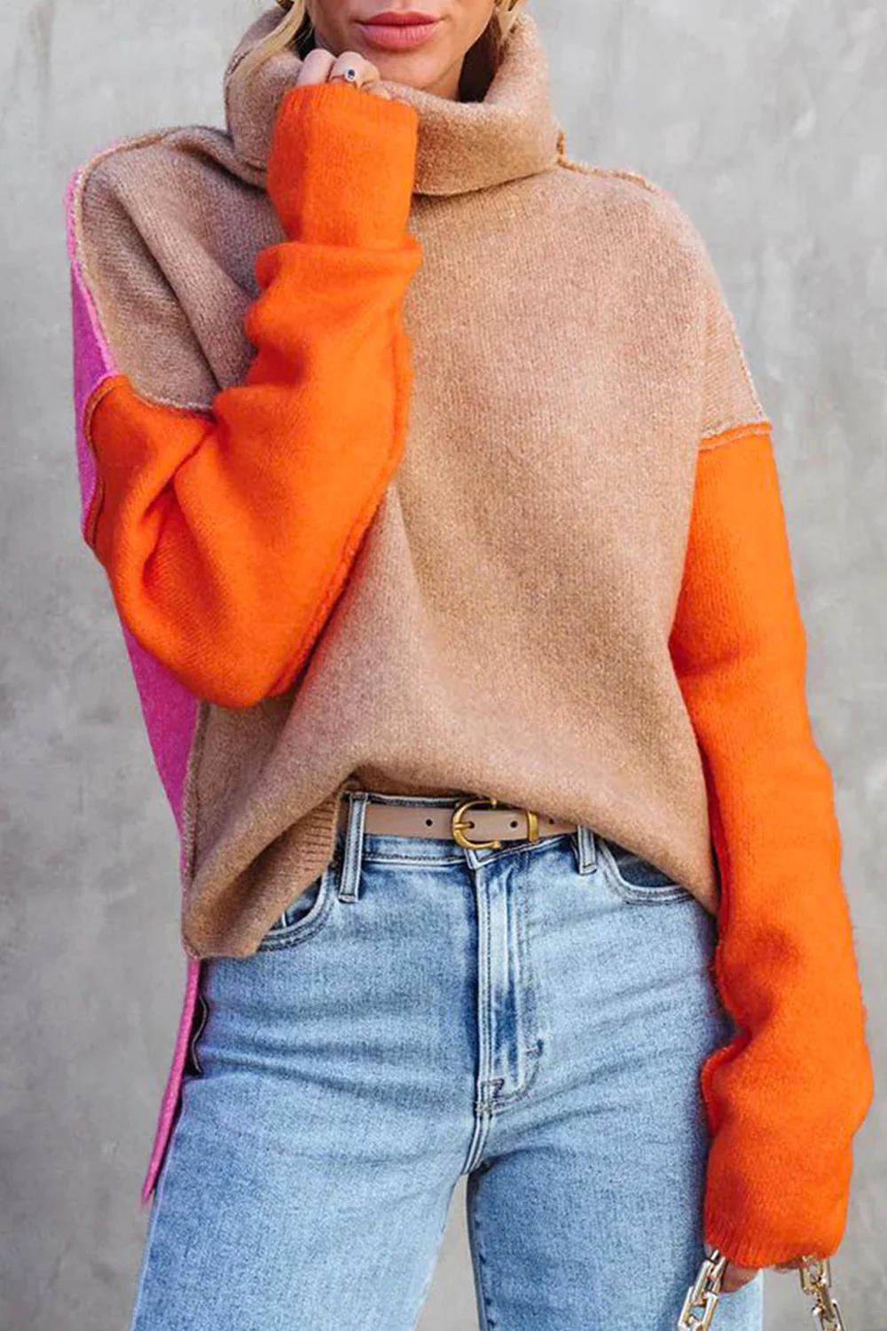 Rollkragenpullover im Farbblock-Design für Damen