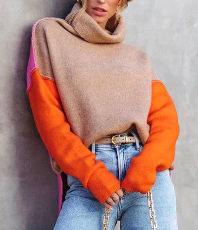 Rollkragenpullover im Farbblock-Design für Damen