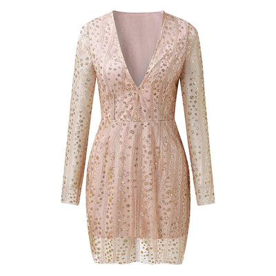 Adele – Kurzarm Kleid mit tiefem V-Ausschnitt und durchsichtigen Ärmeln in Gold