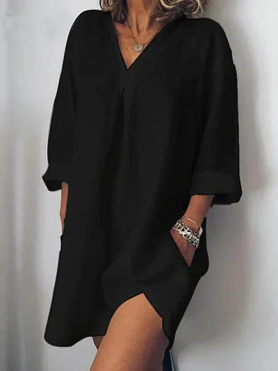 Legeres leinenkleid - v-ausschnitt & halbarm