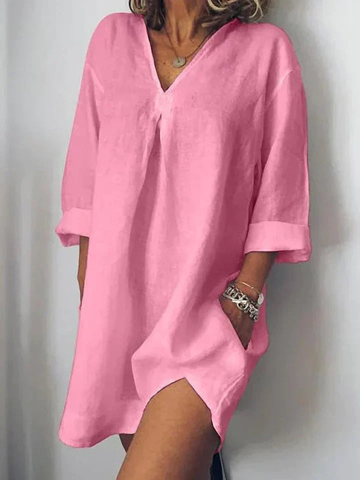 Legeres leinenkleid - v-ausschnitt & halbarm