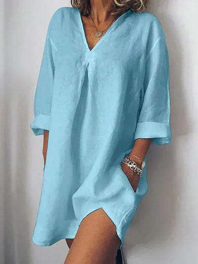 Legeres leinenkleid - v-ausschnitt & halbarm