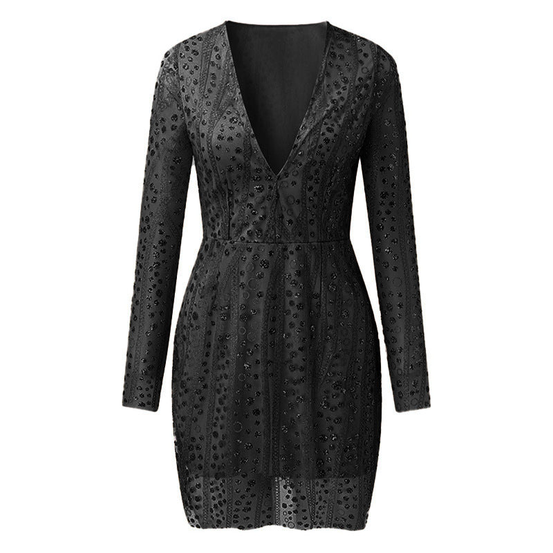 Adele – Kurzarm Kleid mit tiefem V-Ausschnitt und durchsichtigen Ärmeln in Gold